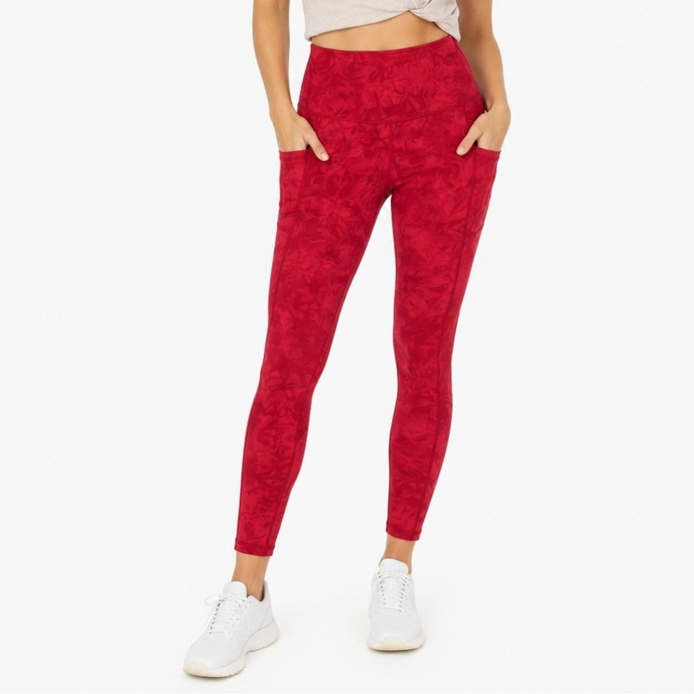 Oalka Leggings Women Large Red Tonal Floral High Waist Side Pockets Activewear L